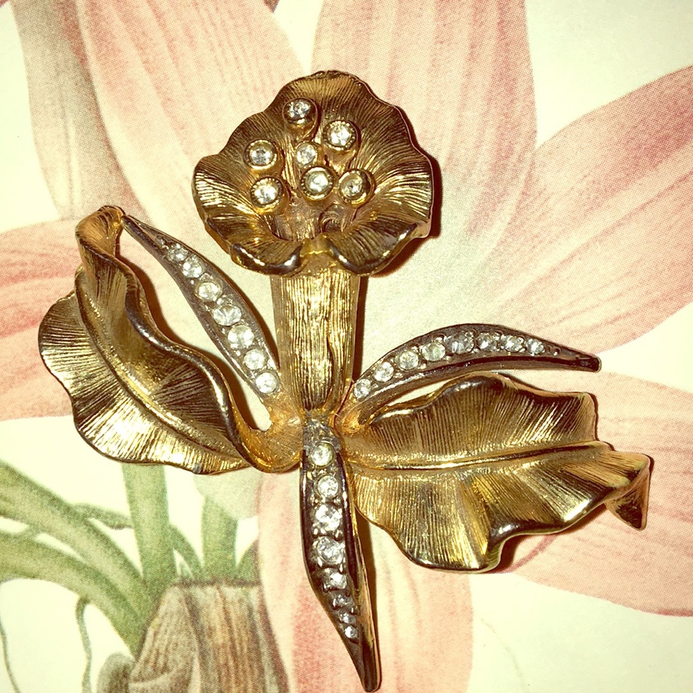 Vintage 1960's Orchid Brooch Pin gold tone metal